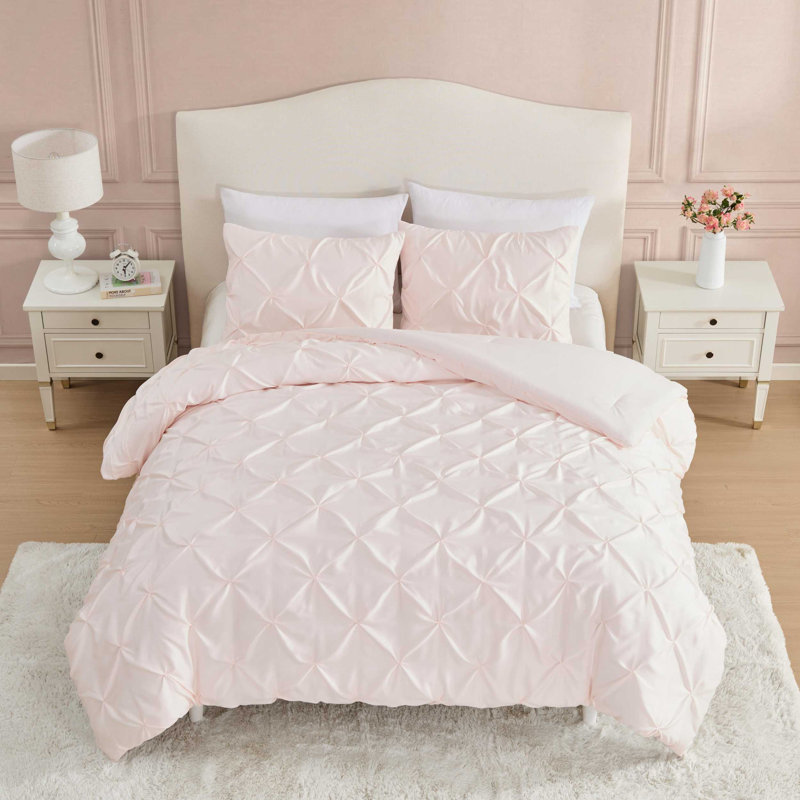 Laura Ashley Solid Satin Pintuck Reversible Comforter Set, Queen Comforter + 2 Standard Shams, Pink