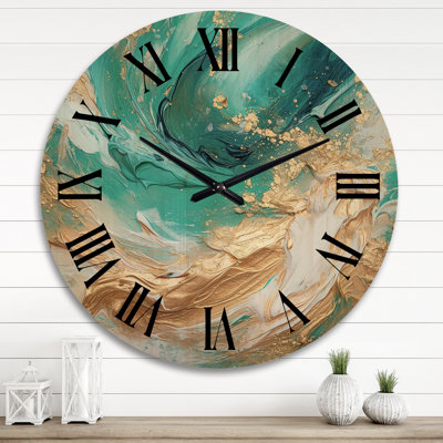 Golden Ocean Waves Turquoise Abstract IV - Abstract Painting Wooden Wall Clock