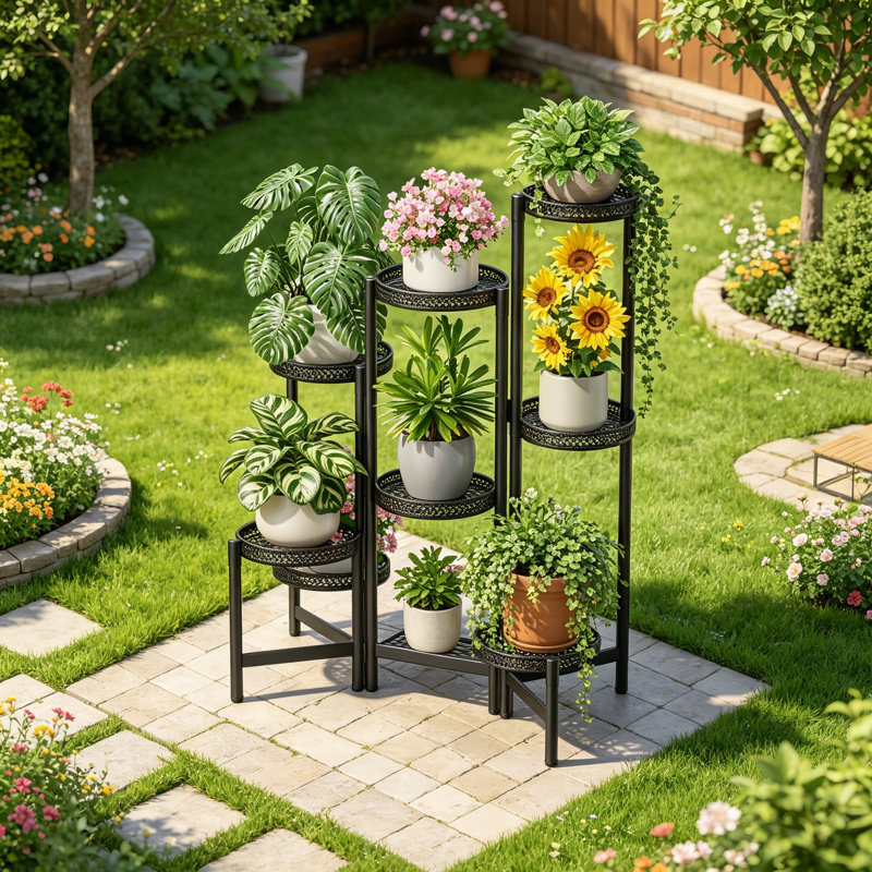 Support à plantes à 8 niveaux pour intérieur et extérieur, pot à fleurs robuste en fer forgé et pliable, présentoir décoratif pour patio, noir