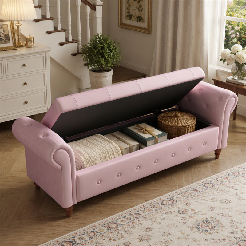 Banc de lit en velours rose