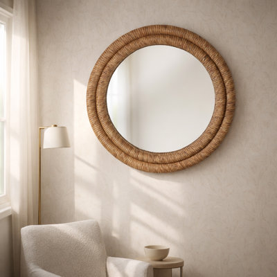 Miroir mural tissé à motif de feuilles de bananier pour salle de bain et coiffeuse - Grand décor décoratif pour table - 36 po, brun