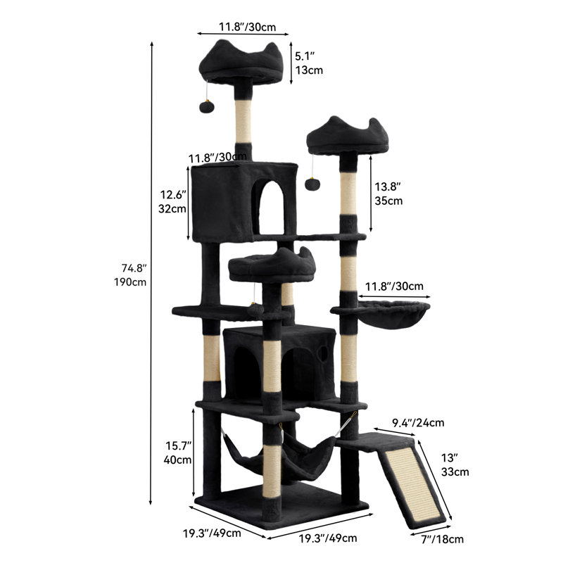 75" H Drusi Multi-Level Large Cat Tree with 3 Perchs, Black