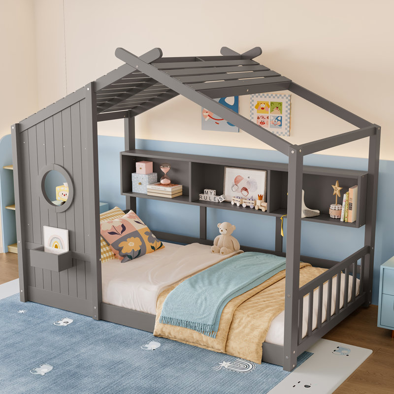 Lit simple pour enfant Montessori avec toit et tablette de rangement, Gris, Lit simple