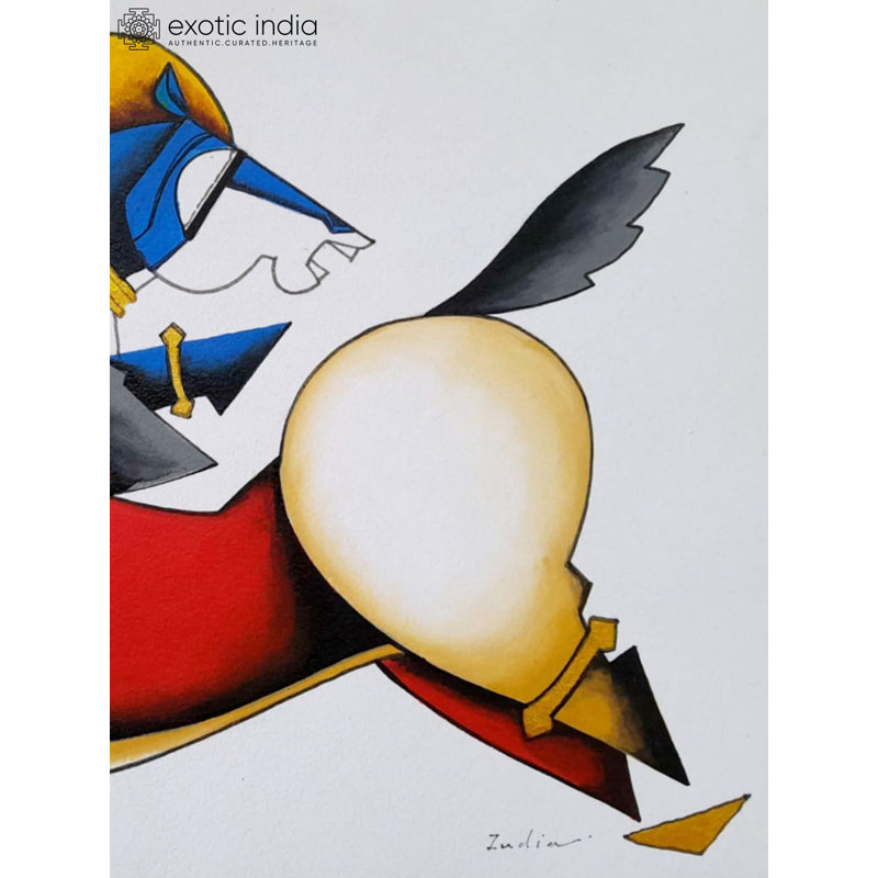 Peinture abstraite au galop au soleil par Arvind Mahajan - art mural moderne géométrique 16 po x 12 po pour le salon et le bureau
