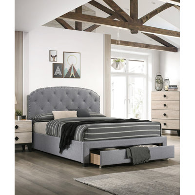 Fabric 1Pc Twin Size Bed W Drawer Button Tufted Headboard Storage Bedframe Bedroom Furniture