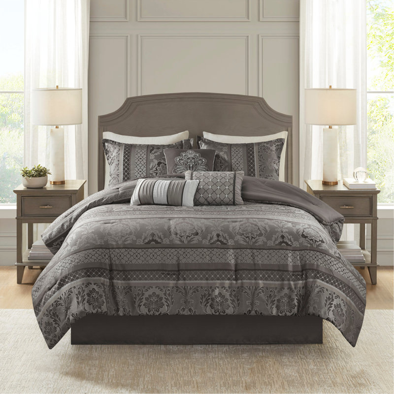 Ensemble d'édredon 7 pièces jacquard gris, Gris, Édredon de très grande taille et 6 pièces suppl
