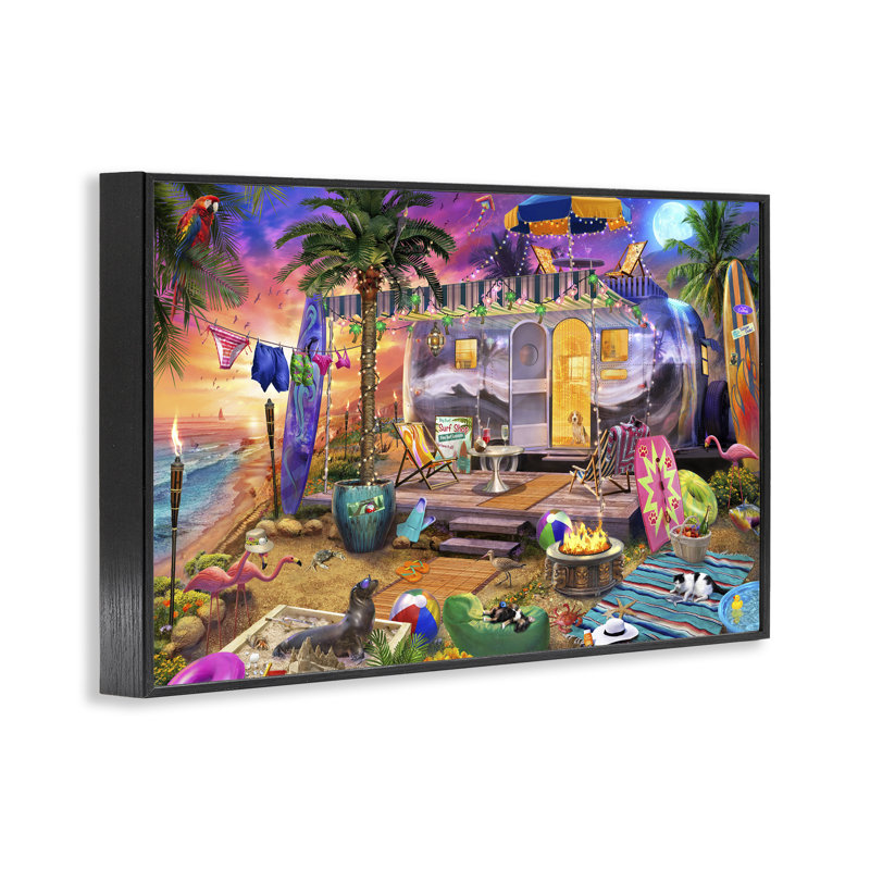 «Fun Beach Holiday Camper», estampe numérique, conception de Jeff Haynie, H 12 po x l 18 po, Giclée encadrée noir minuit