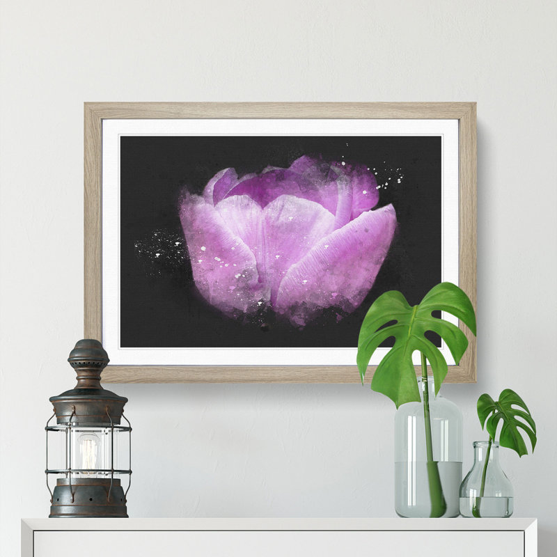 Lilac Pink Tulip Flower Paint Splash - Picture Frame Graphic Art, 45cm H x 63cm W x 2cm D, Oak Framed