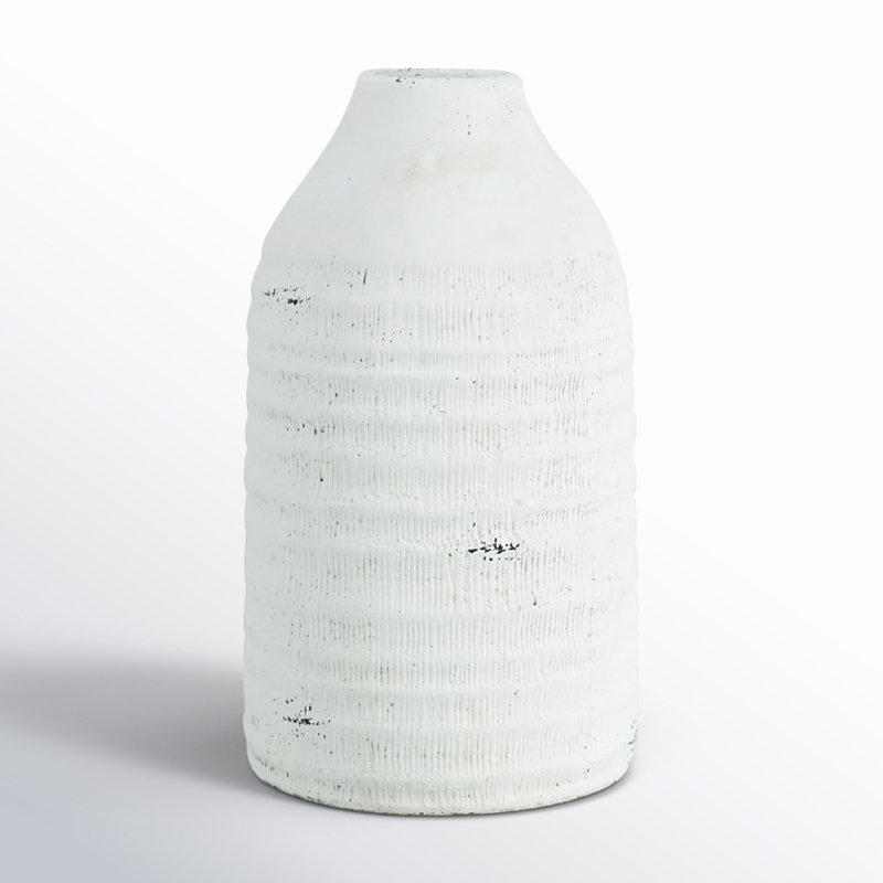 Cement Accent Vase with Ridged Design - 6.5" x 6.5" x 12" - White