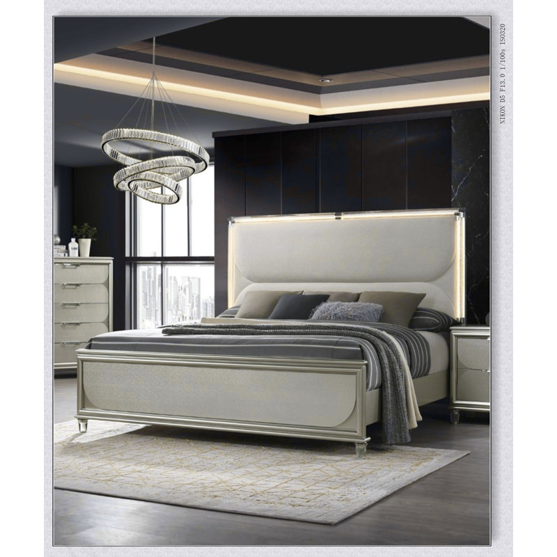 Contemporary Glam Silver Fabric Upholstered Bed W LED Embossed Panel 1Pc Bedframe Bedroom Furniture