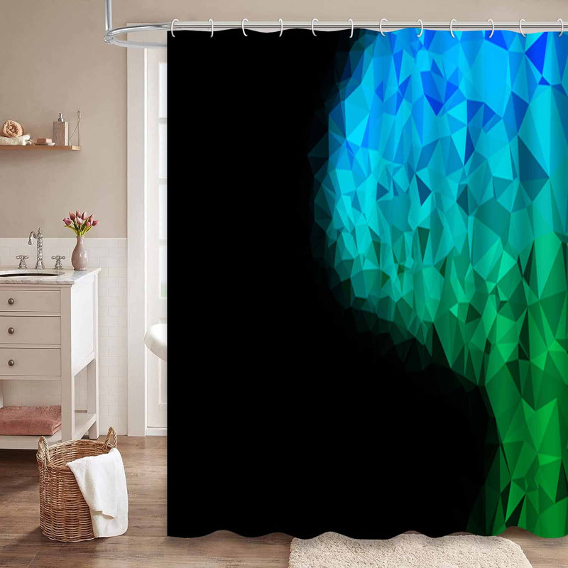 Rideau de douche triangulaire bleu clair à motif géométrique vert avec 12 crochets, L 72 po x l 72 po