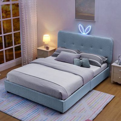 Lit tapissier pour enfants avec tête de lit surdimensionnée pour oreilles de lapin, lumière DEL et 4 tiroirs de rangement, tissu Boucle
