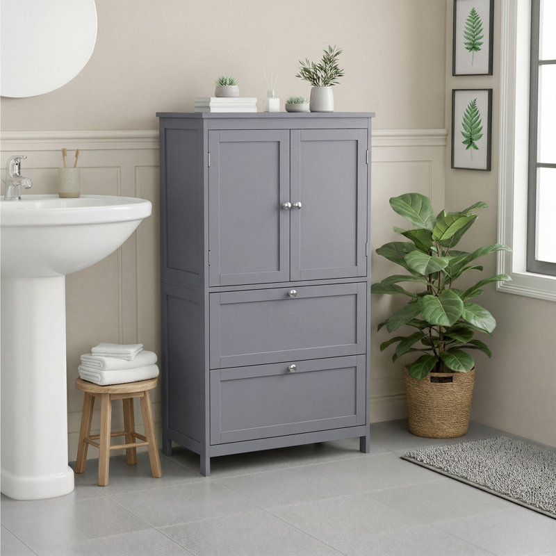 43.5" H Floor Storage Cabinet, 2-Door and 2-Drawer Cupboard With Adjustable Shelves, Gray