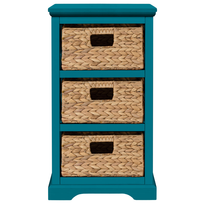 Backman Solid Wood 3 - Drawer X-Side Square End Table with 3 Wicker Storage Baskets, Teal, Teal