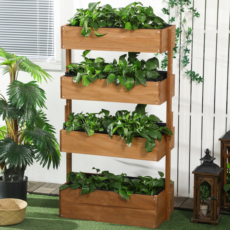 Lit de jardin vertical - Jardinière en bois orange à 4 niveaux pour les herbes extérieures