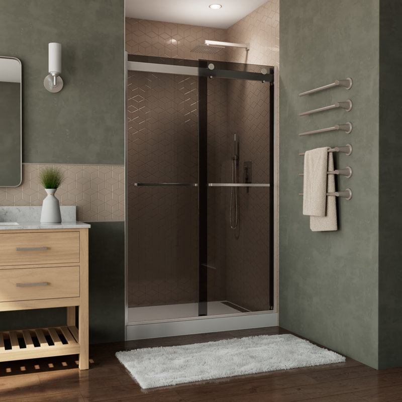 Porte de douche réversible semi-sans cadre H 44 "- l 48" H 76 "avec technologie ClearMax ™, Nickel brossé / gris fumé