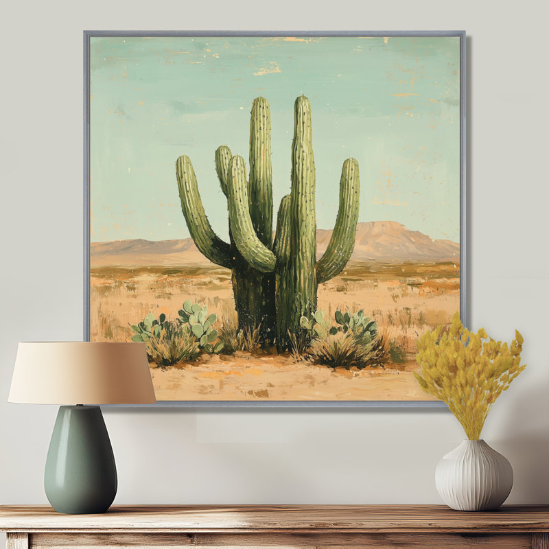 Marquee, cactus et les montagnes du désert, H 36 po x l 36 po, Impression encadrée flottante, Argent argent