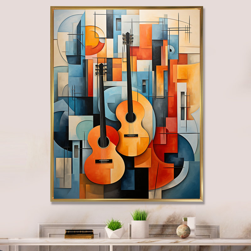 «Cubist Interplay Music Collage», reproduction d'art sur toile, Cadre flottant doré, H 32 po x l 24 po x P 1 po