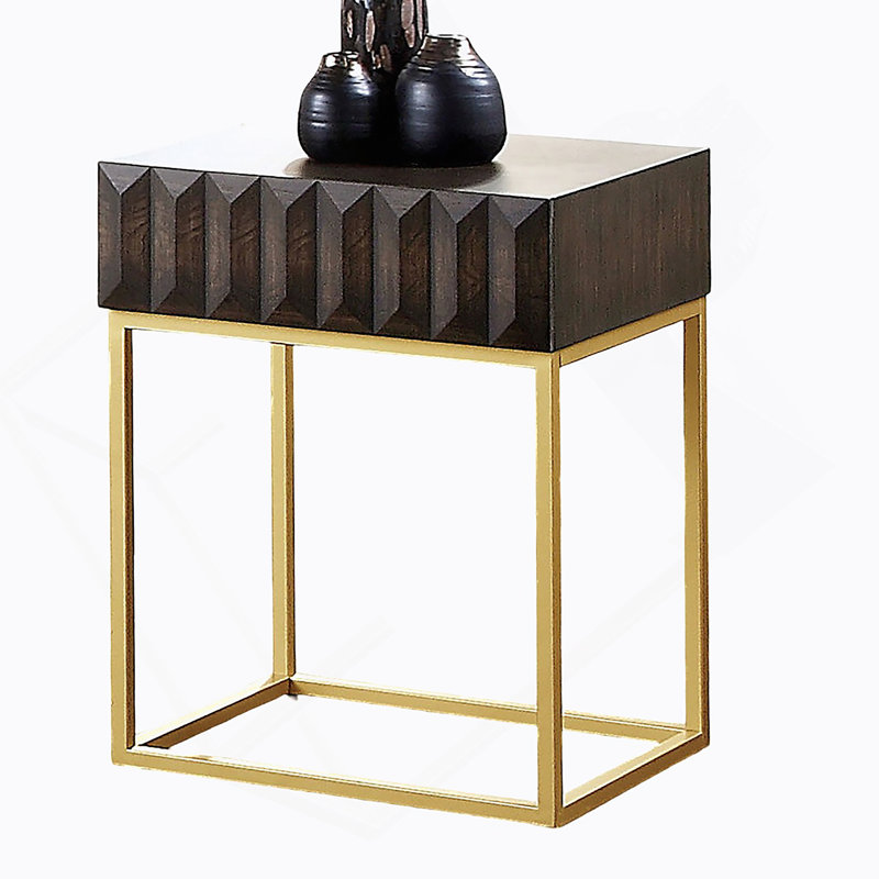 Table d'appoint de style contemporain avec structure en métal, tiroirs dissimulés et pieds en acier doré pour un rangement et une présentation élégants