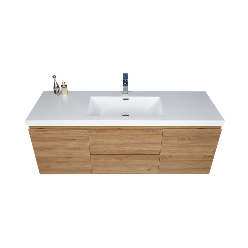 Ensemble de meuble-lavabo mural simple de 59,5 po Polychronis, Chêne naturel