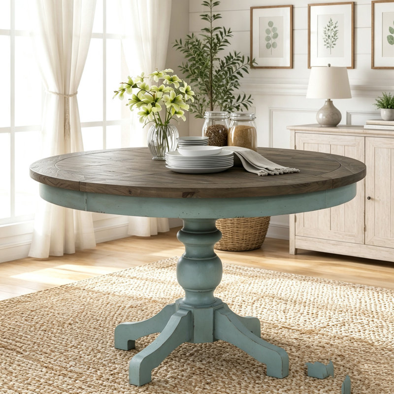 Table de salle à manger ronde à deux tons avec pieds sculptés, Bleu Prato + brun