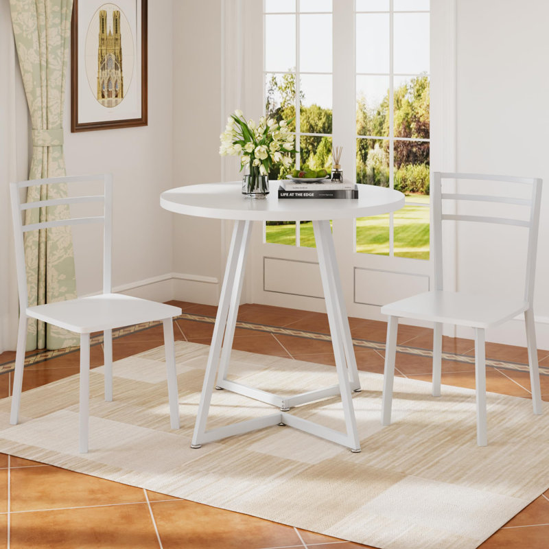 Ensemble de coin-repas en bois 3 pièces pour 2 avec chaises rembourrées et structure en acier, Blanc, Blanc, Blanc
