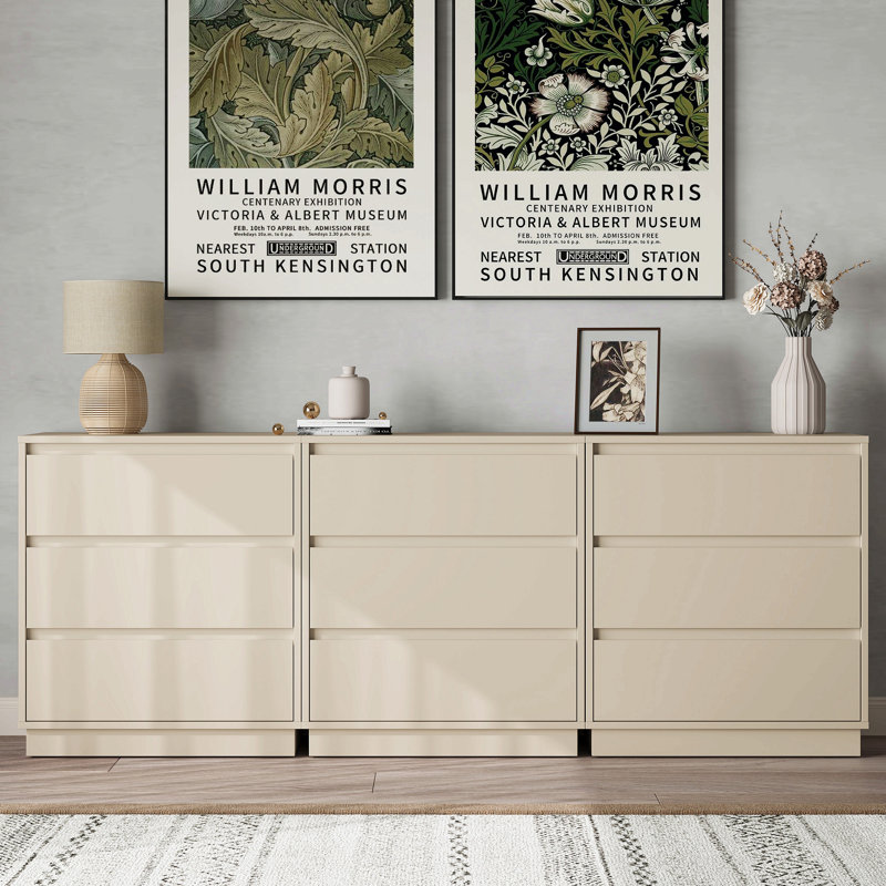 Grand ensemble de 2 commodes à 3 tiroirs, table de chevet moderne pour la chambre à coucher, table de chevet large avec système coulissant caché, commode en bois pour le salon, vestibule, beige