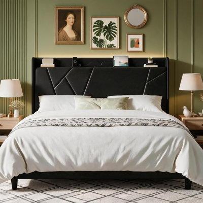 Wingback Velvet Upholstered Bed Frame, with Charging Station