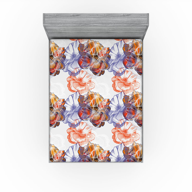 Drap-housse Ambesonne, Drap-housse très grand californien, Corail foncé / bleu / motif floral violet