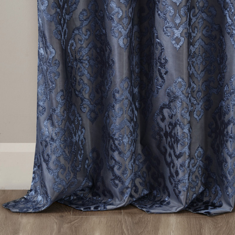 Knitted Jacquard Damask Total Blackout Grommet Top Curtain Panel(Only 1 Pc Panel), 50" W x 84" H, Navy