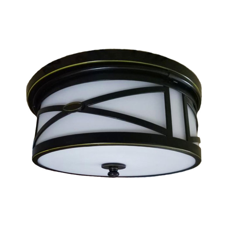 3-light dark bronze flush mount with a shade , 6.5" H x 14.6" W x 14.6" D