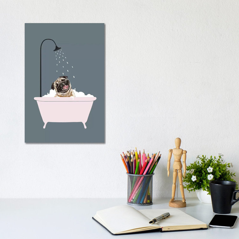 Laughing Pug Enjoying Bubble Bath by Big Nose Work - Single Picture Frame Print on Canvas, No Frame, 20.32 cm H x 30.48 cm W