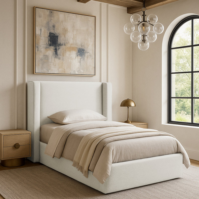 Kendall Wanaque Linen Textured Fabric Upholstered Bed, Twin, Cream Linen Textured Fabric