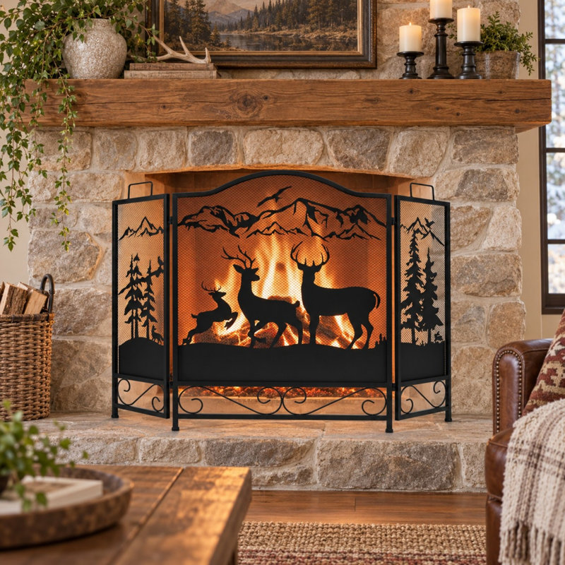 Pare-feu en fer forgé à 3 panneaux de 48 pouces avec motif de cerf et panneaux en maille pliables