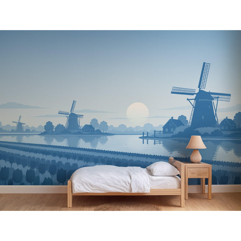 Windmills Wallpaper Mural, Peel and Stick Kids Room Wall Mural, Layered Silhouette Landscape Nursery Wallpaper, 305 x 254 cm