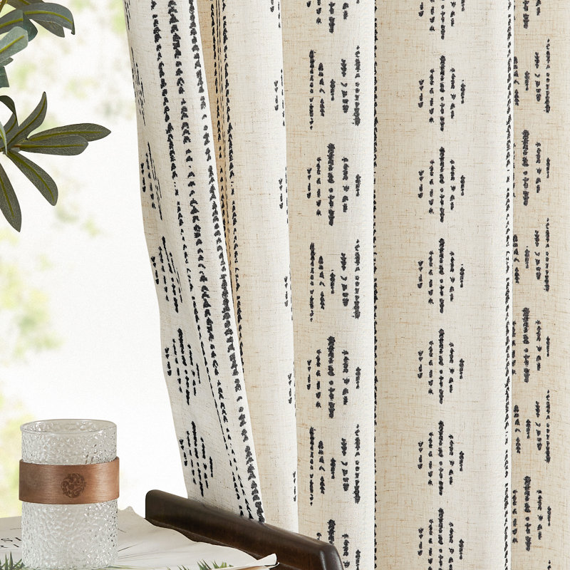 Linen Blend Semi-Sheer Rod Pocket Curtain Pair, Black on Flax, 52" W x 96" L
