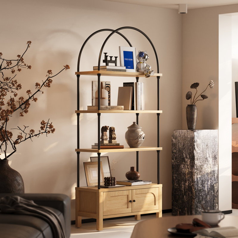 Arched Odilia With Door 71 Inches Tall Arch Bookcase Oak Book Shelf With Storage Cabinet Heavy-Duty Shelving Board Aesthetic Display Shelving Unit For Living Room/Office