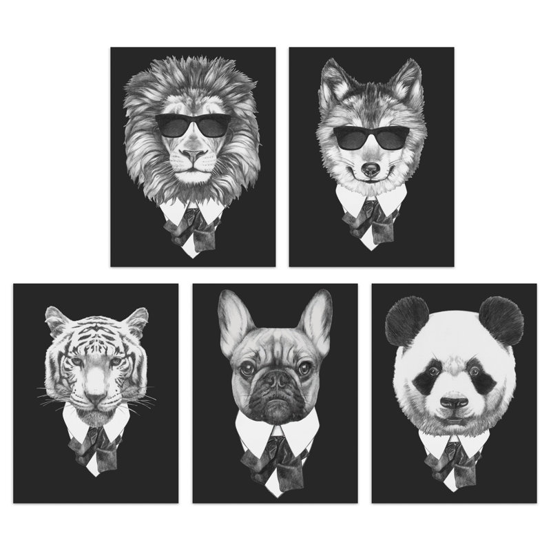 Tuxedo Animals Wolf Lion Tiger Panda Bear French Bulldog 5-Piece Set Unframed Wall Art Prints Bathroom Bedroom Aesthetic Black White