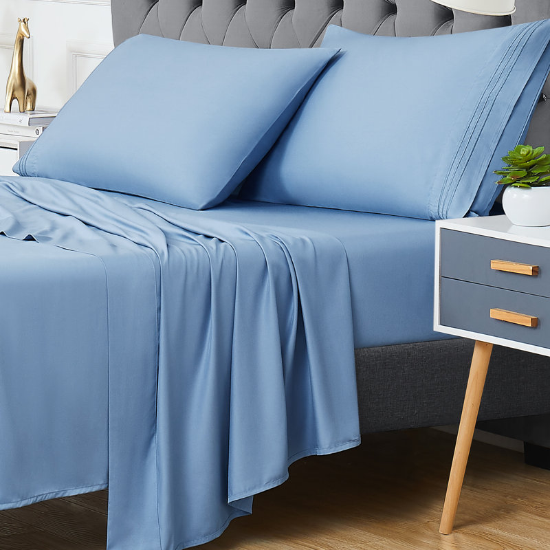 Ensemble de draps rafraîchissant en rayonne de bambou – Ultra douce, respirante et soyeuse, drap-housse à poches profondes de 40 cm, literie 4 pièces de luxe – Bleu clair, 1 place