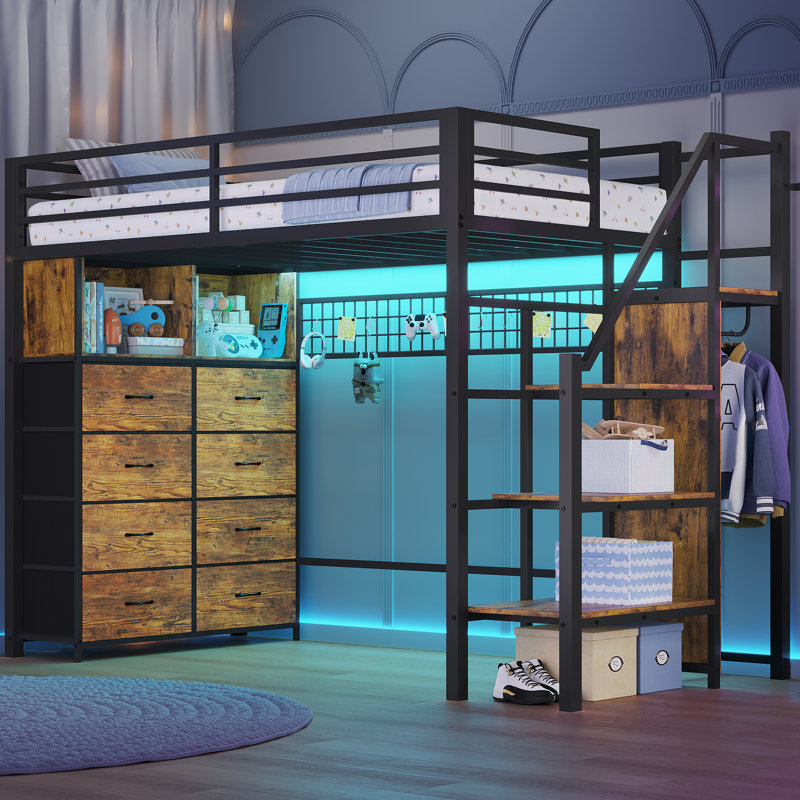Twin Size Metal Loft Bed With Stairs, 8 Storage Drawers, Led Loft Bed With Storage Stairs, Brown/Black