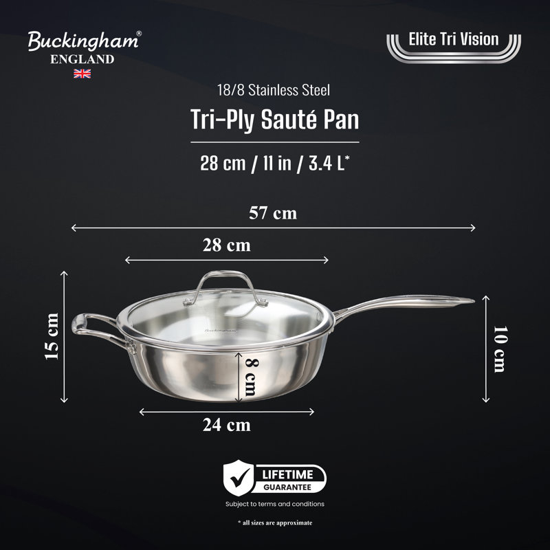 Buckingham Elite Tri-Ply 18/8 Stainless Steel Sauté Pan With Helper Handle 28 Cm