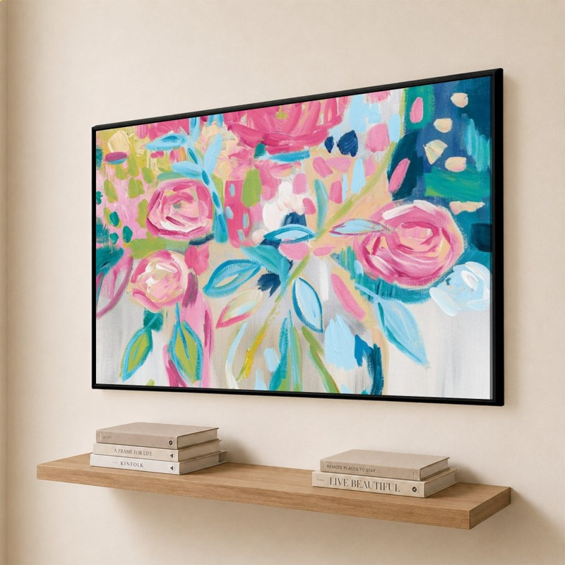 «Summer Pink Floral» par Farida Zaman - Impression sur toile, 44" H x 64" W, Black