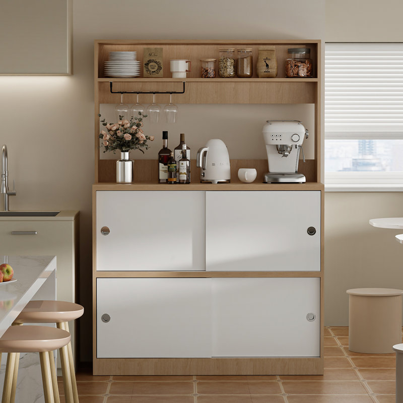 55"W Sideboard With Hutch, Tall Coffee Bar Cabinet With Sliding Doors