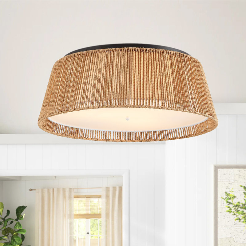 20" 3-light Hand-Woven Rattan Drum Flush Mount