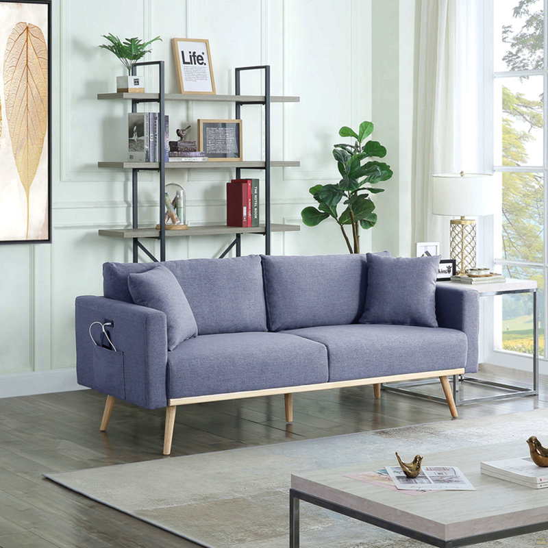 Canapé en lin 75 po avec ports de chargement USB, poches et coussins, Gris foncé