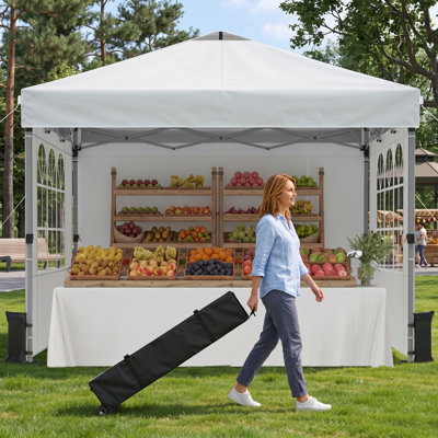 Abri escamotable blanc 10 pi x 10 pi avec panneaux latéraux amovibles, pavillon de jardin portatif à installation rapide pour rassemblements de 10 personnes, toit à revêtement argenté, parasol extérieur pour les événements et les fêtes