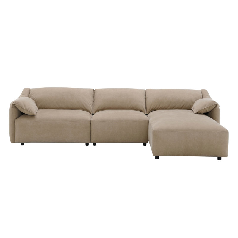 Canapé modulaire en forme de L Vety, accoudoirs, cuir nubuck brun clair