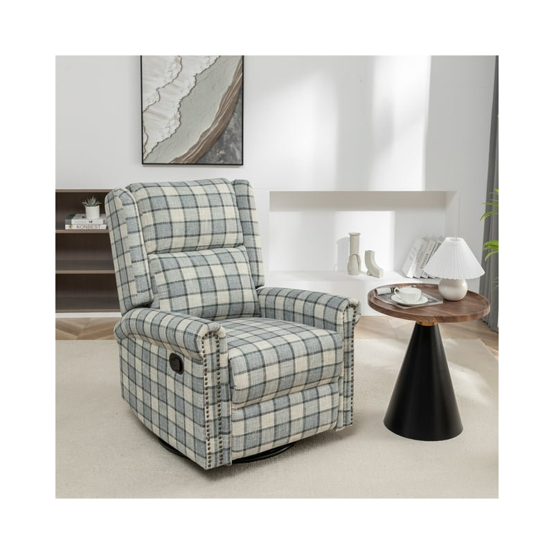 Jaq Upholstered Swivel Recliner, Green Checkered Linen