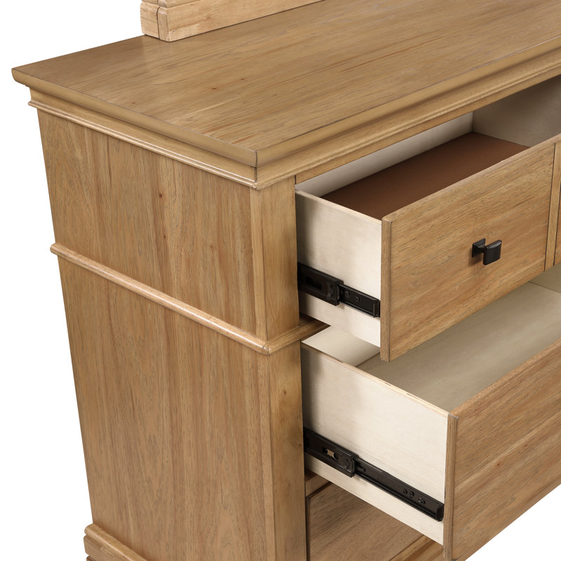 Esterel Wood 6-Drawer Dresser With Mirror, Honey Brown