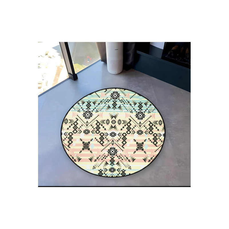 Multicolored Black Ethnic Patterned Detailed Woven Base Modern Decorative Carpet, Round 4'